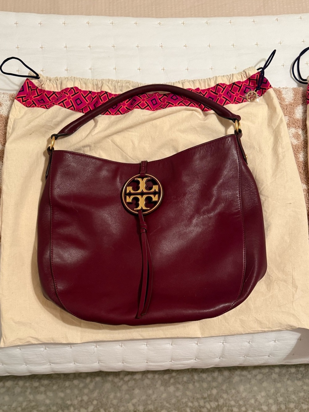 Tory Burch Miller Hobo Bag, rich burgundy leather with gold logo medallion